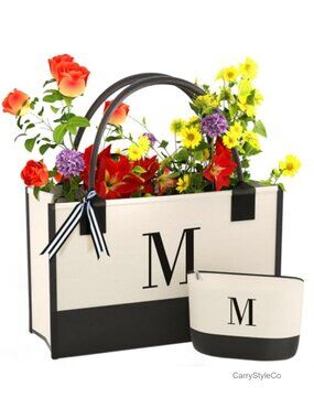 Personalized Canvas Tote Bag with Zipper Pocket & Makeup Bag